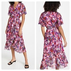 NEW Tanya Taylor Blaire Dress Multicolor Floral Neon Pink Faux-Wrap